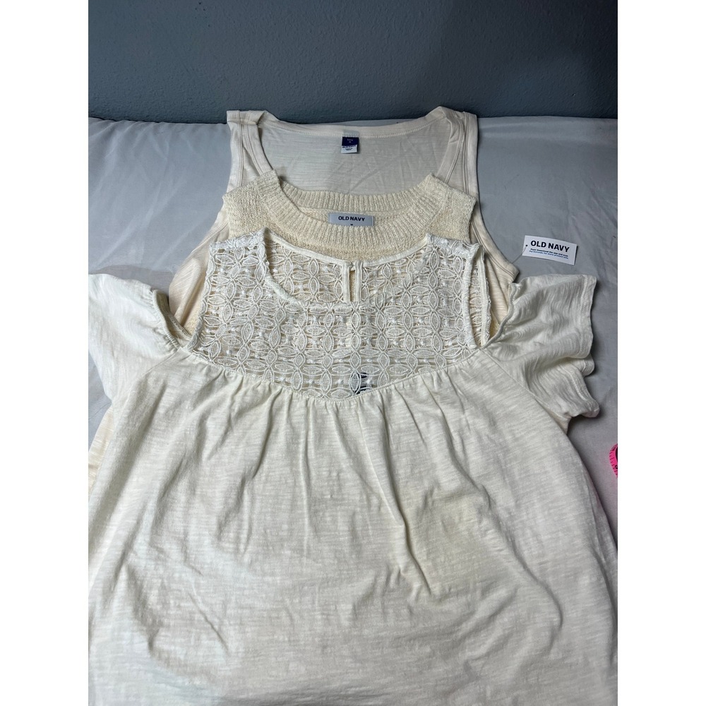 Old Navy Womens Ivory Cream Top Bundle 3pc Luxe Tank Knit Sweater Lace Blouse M